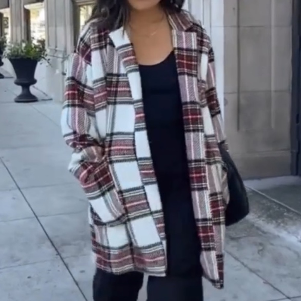 Plaid coat, worn